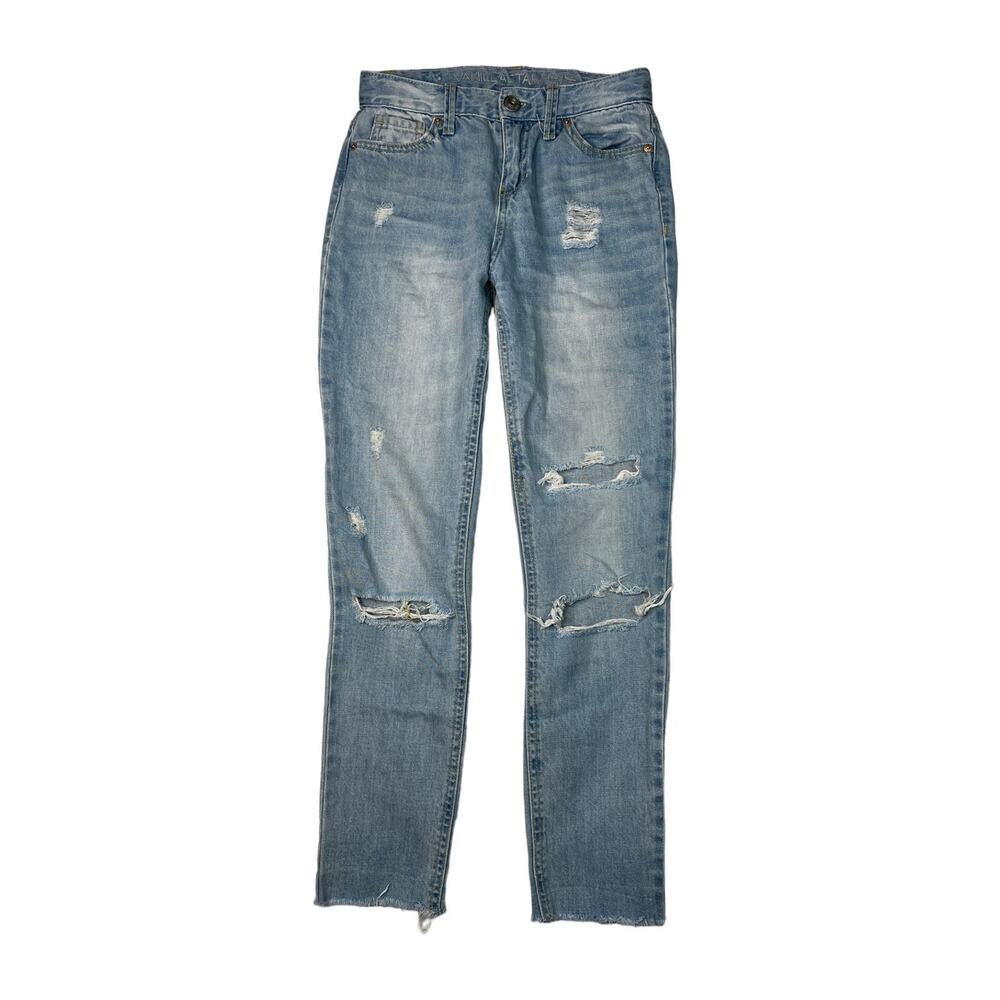 Vanilla Star High Rise Girlfriend Jeans Raw Hem Distressed Denim Womens 0